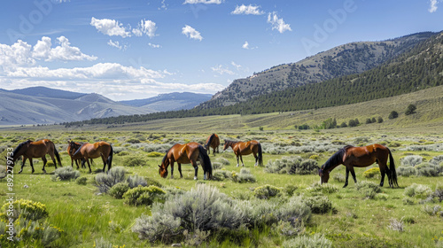 A group of wild horses grazing in a green meadow with a clear sky above