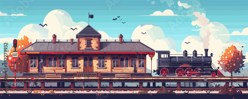 Vintage train station with steam locomotive Vector flat minimalistic isolated illustration