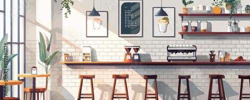 Trendy coffee shop interior Vector flat minimalistic isolated