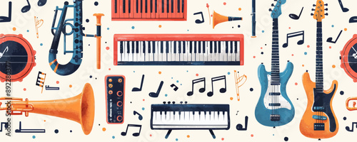 Musical instruments on a clean white surface. Vector flat isolated illustration.
