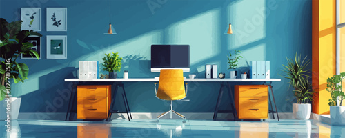 Modern office workspace with sleek furniture. Vector flat minimalistic isolated illustration.