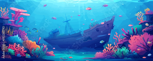 Underwater shipwreck surrounded by coral and marine life. Vector flat minimalistic
