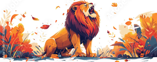 A majestic lion roaring in the wilderness, representing the power and authority of the king of the jungle on a white background. Vector flat minimalistic isolated illustration.