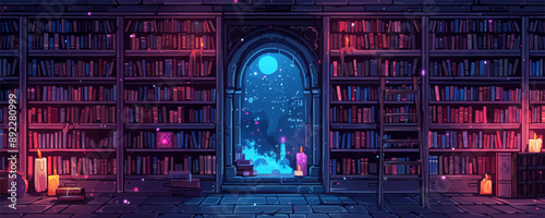 A magical library filled with ancient tomes and spellbooks. Vector flat minimalistic isolated