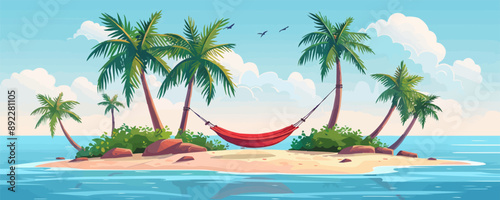 Tropical island with palm trees and a hammock. Vector flat minimalistic isolated illustration.