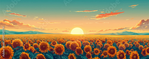 A radiant sunflower field stretching to the horizon. Vector flat minimalistic isolated