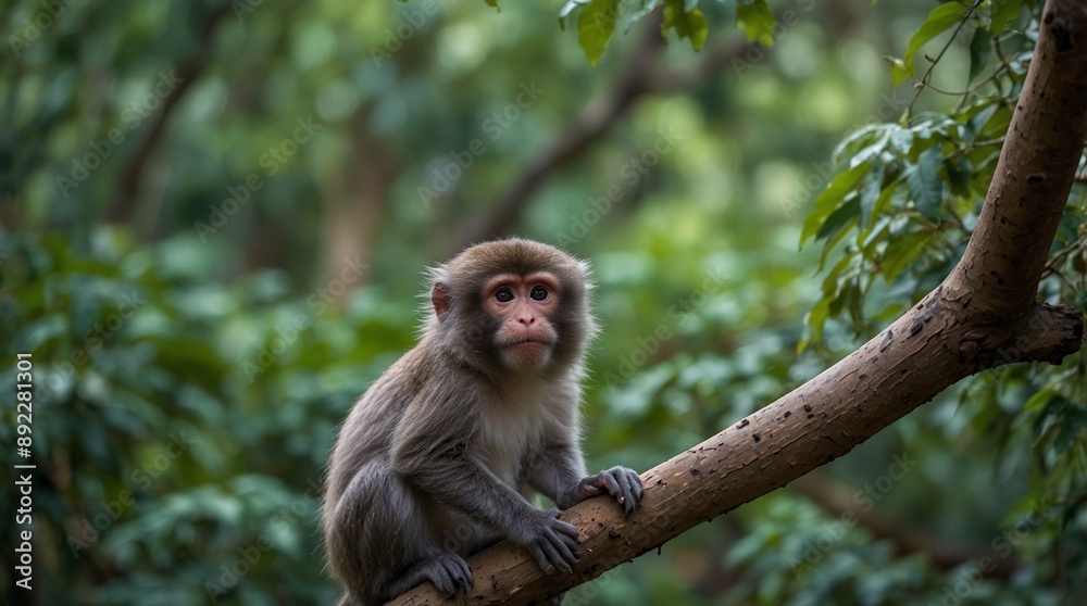 focus photo of grey monkey with green forest background made by AI generative focus photo of grey monkey with green forest background made by AI generative