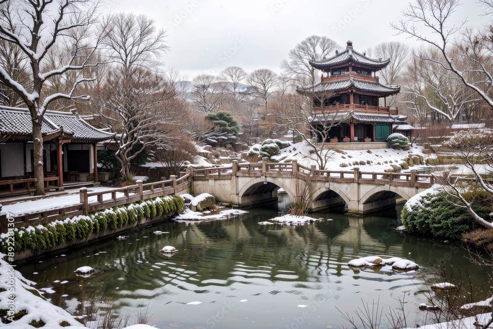 A serene classical Chinese garden blanketed in winter snow, with delicate flakes gently falling, creating a picturesque and tranquil scene that captures the timeless beauty of traditional Chinese arch A serene classical Chinese garden blanketed in winter snow, with delicate flakes gently falling, creating a picturesque and tranquil scene that captures the timeless beauty of traditional Chinese arch