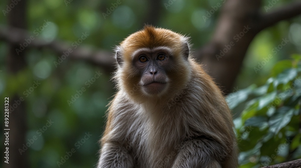 focus photo of grey monkey with green forest background made by AI generative focus photo of grey monkey with green forest background made by AI generative