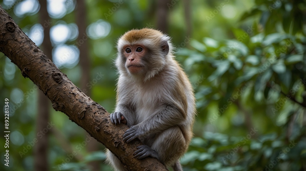 focus photo of grey monkey with green forest background made by AI generative focus photo of grey monkey with green forest background made by AI generative