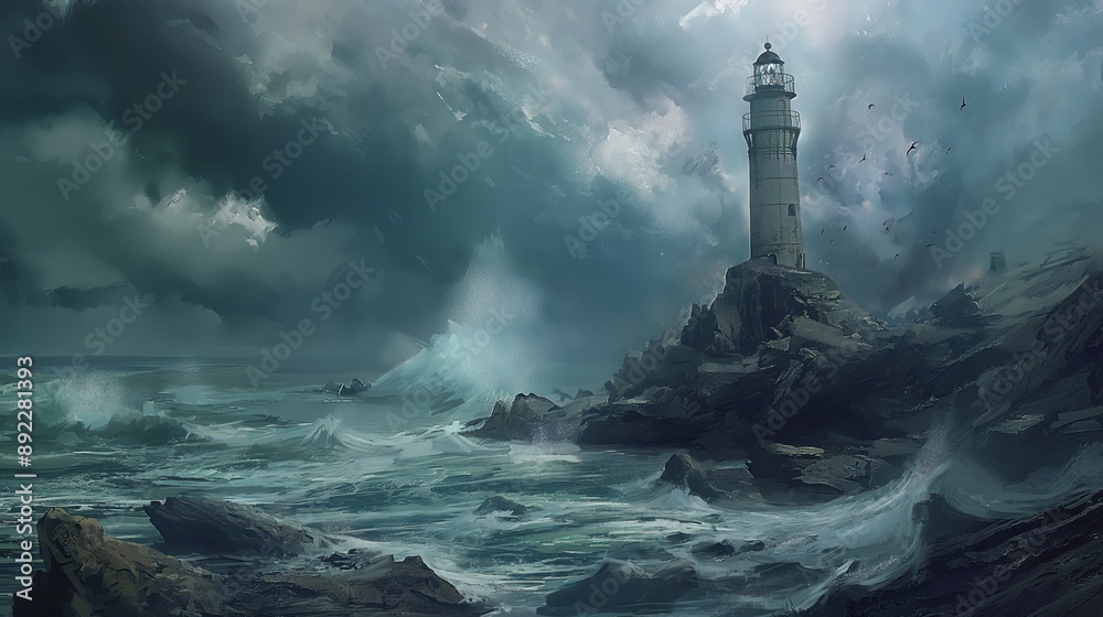 A lighthouse is on a rocky shoreline with crashing waves. Anime background. Anime wallpaper A lighthouse is on a rocky shoreline with crashing waves. Anime background. Anime wallpaper