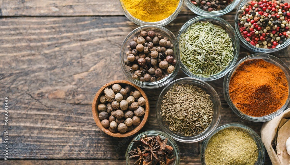Big set of Indian spices on wooden table - Top view - Horizontal image Big set of Indian spices on wooden table - Top view - Horizontal image