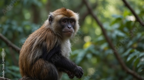 focus photo of grey monkey with green forest background made by AI generative