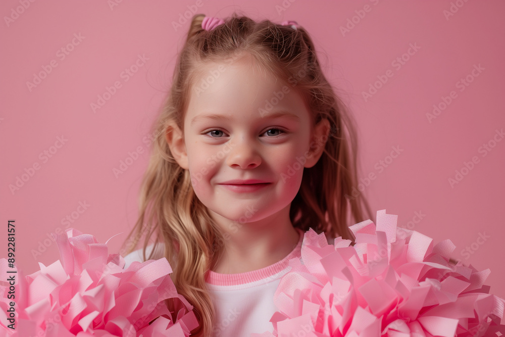 A smiling girl in a pink and white cheerleading outfit with pompoms. Cute happy positive kid doing youth sports activity. Pale background with copy space. Child with pony tails and hair ties.