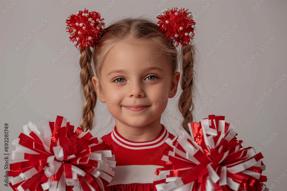 A smiling girl in a red and white cheerleading outfit with pompoms. Cute happy positive kid doing youth sports activity. Background with copy space. Child with plaits and hair scrunchies. A smiling girl in a red and white cheerleading outfit with pompoms. Cute happy positive kid doing youth sports activity. Background with copy space. Child with plaits and hair scrunchies.