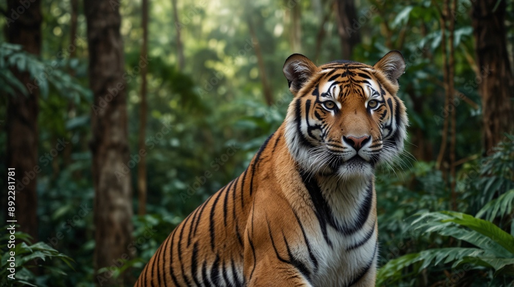 Obraz premium photo of tiger with green forest background made by AI generative