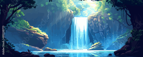 A mystical cave entrance hidden behind a cascading waterfall. Vector flat minimalistic isolated