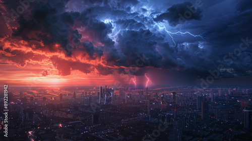 A dramatic thunderstorm with lightning striking in the distance over a city