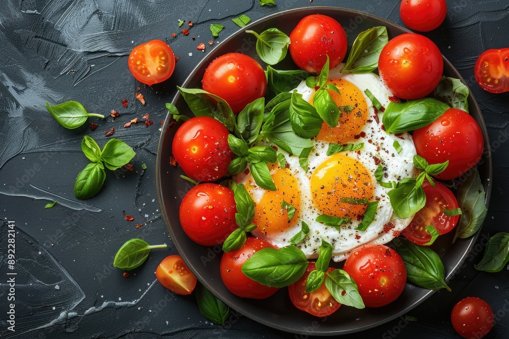 Fried Eggs with Cherry Tomatoes and Basil on a Black Plate Fried Eggs with Cherry Tomatoes and Basil on a Black Plate