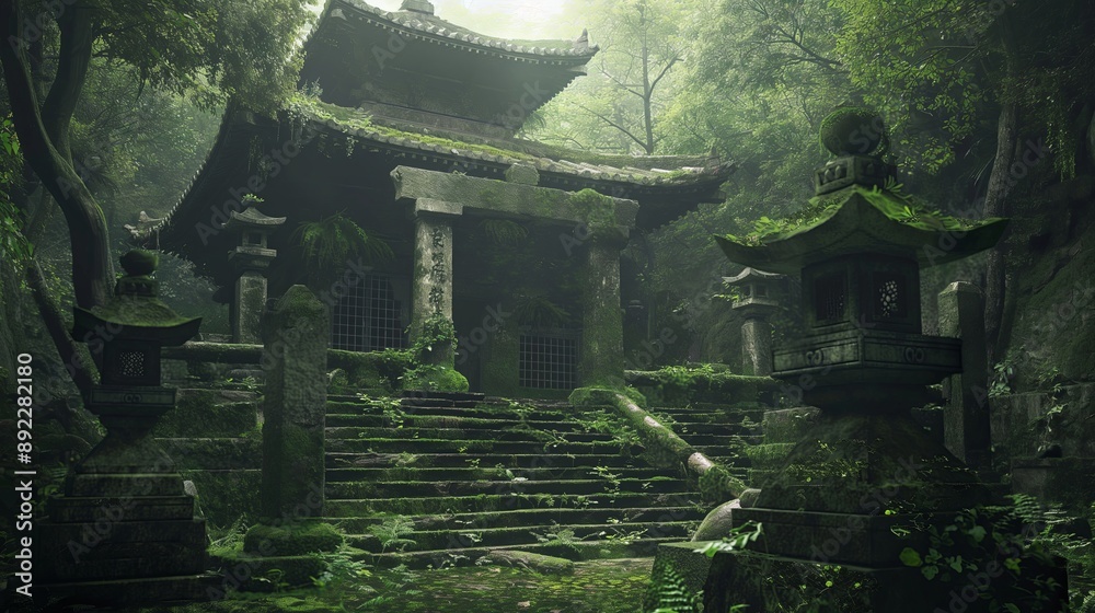 A lush green forest with a temple in the background. Anime background. Anime wallpaper A lush green forest with a temple in the background. Anime background. Anime wallpaper