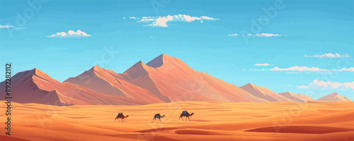 Nomadic caravan traversing the endless sands of the desert dunes. Vector flat minimalistic isolated illustration.