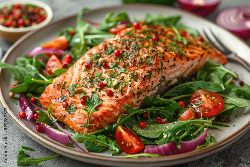 A Close Up of a Grilled Salmon Fillet on a Bed of Arugula Salad with Cherry Tomatoes and Red Onion A Close Up of a Grilled Salmon Fillet on a Bed of Arugula Salad with Cherry Tomatoes and Red Onion