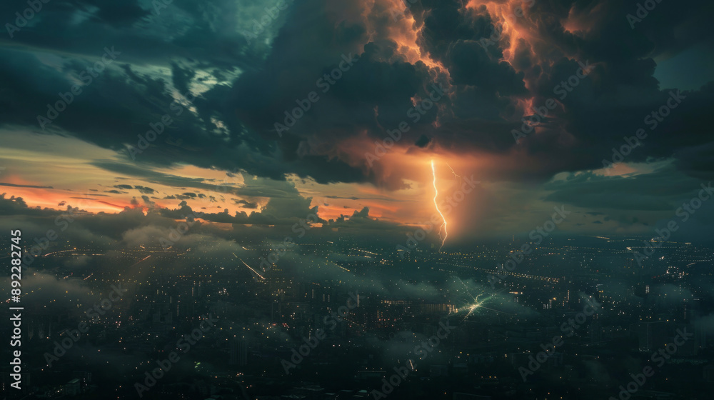 Naklejka premium A dramatic thunderstorm with lightning striking in the distance over a city