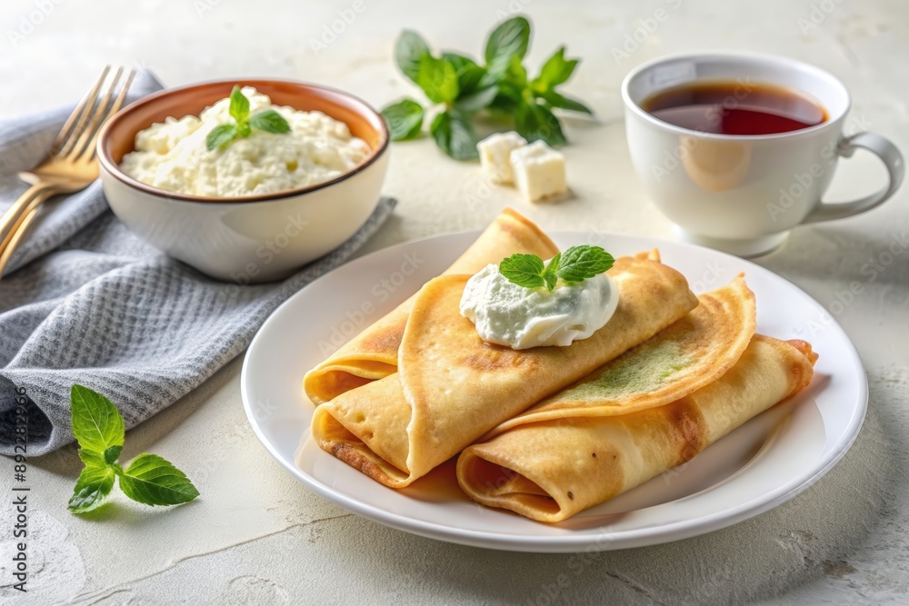 Breakfast scene with a plate with crepes filled with cream Breakfast scene with a plate with crepes filled with cream