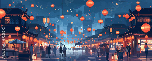 A bustling Chinatown district with lanterns hanging overhead and street vendors selling dim sum. Vector flat minimalistic isolated illustration.