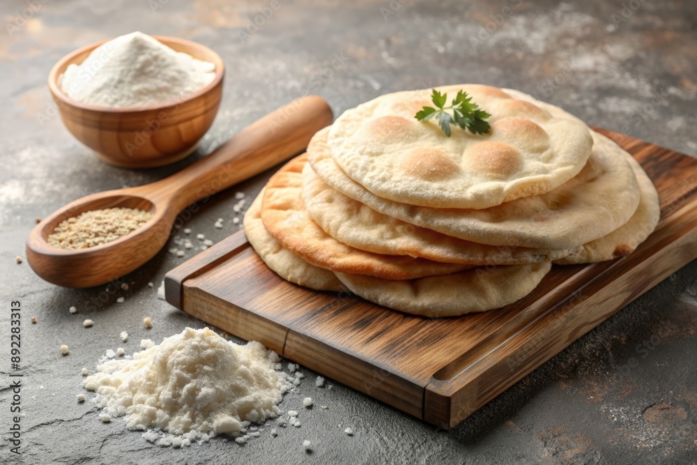 Wooden board of tasty pita bread with flour Wooden board of tasty pita bread with flour