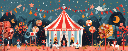 Vintage circus tent with performers and animals Vector flat minimalistic isolated