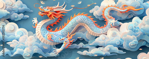 Oriental dragon winding through the clouds in a blue sky. Vector flat minimalistic isolated illustration.