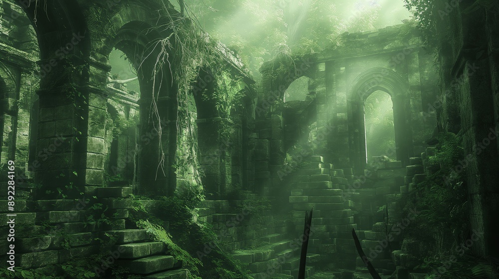 A dark, overgrown forest with a stone building in the background. Anime background. Anime wallpaper A dark, overgrown forest with a stone building in the background. Anime background. Anime wallpaper