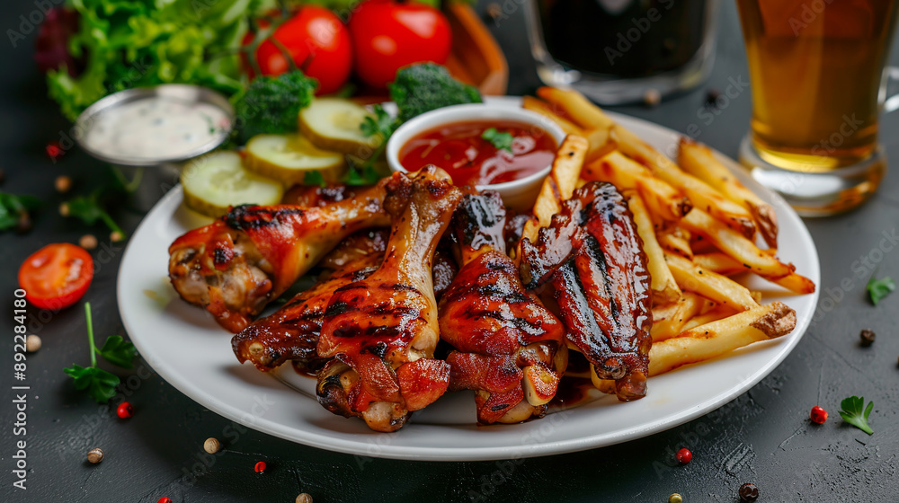 Homemade grilled chicken leg with spices, salad and vegetables on a plate.