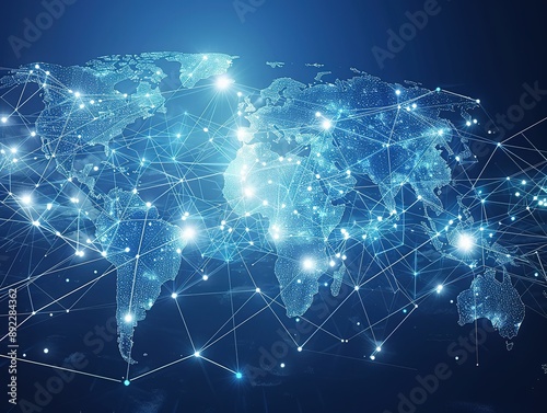 World map with global network and connectivity on a blue background. High-resolution, detailed vector illustration representing international communication and digital connections. photo