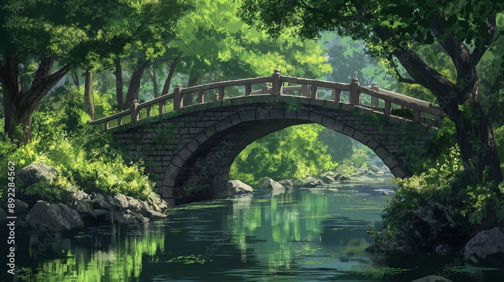 A bridge spans a river in a lush green forest. Anime background. Anime wallpaper A bridge spans a river in a lush green forest. Anime background. Anime wallpaper