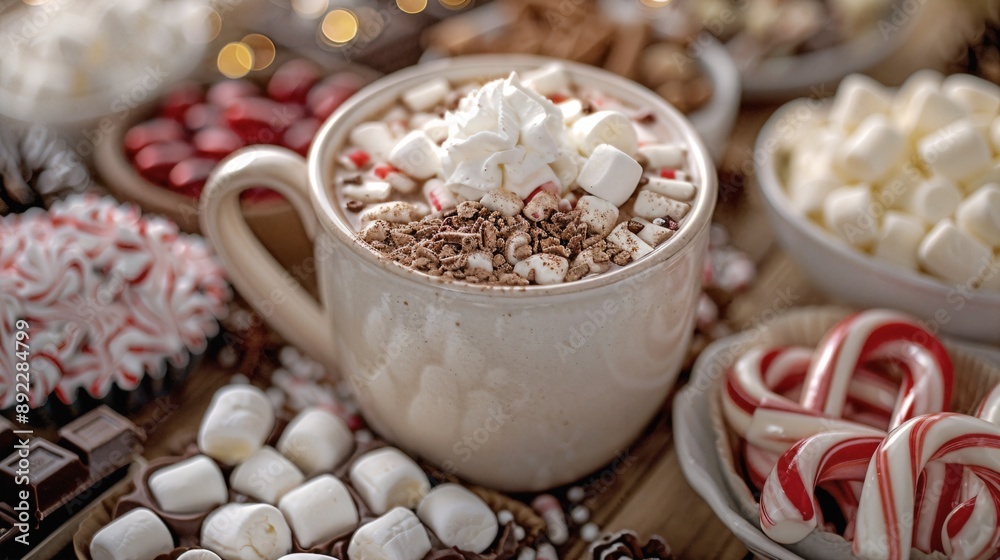 a cup of hot chocolate surrounded by candy canes and candies a cup of hot chocolate surrounded by candy canes and candies