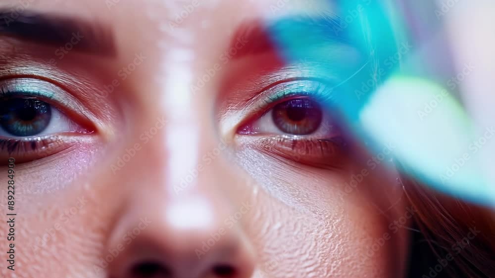 A closeup of a womans face behind a glass prism her eyes sparkling with the vibrant colors that refract through the glass.