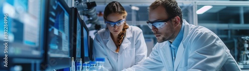 Engineers analyzing system operations in a research facility, clear text area, laboratory