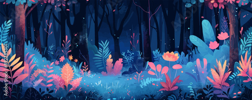 Mystical forest with hidden creatures Vector flat minimalistic isolated illustration