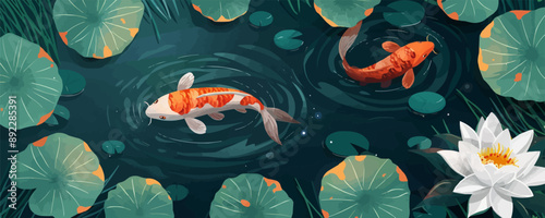 A tranquil garden pond with colorful koi fish and water lilies. Vector flat minimalistic isolated illustration.