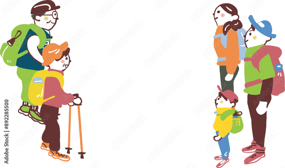 Obraz premium わくわく登山 登山のためふもとに集まった登山客たち セットのストックイラスト素材 