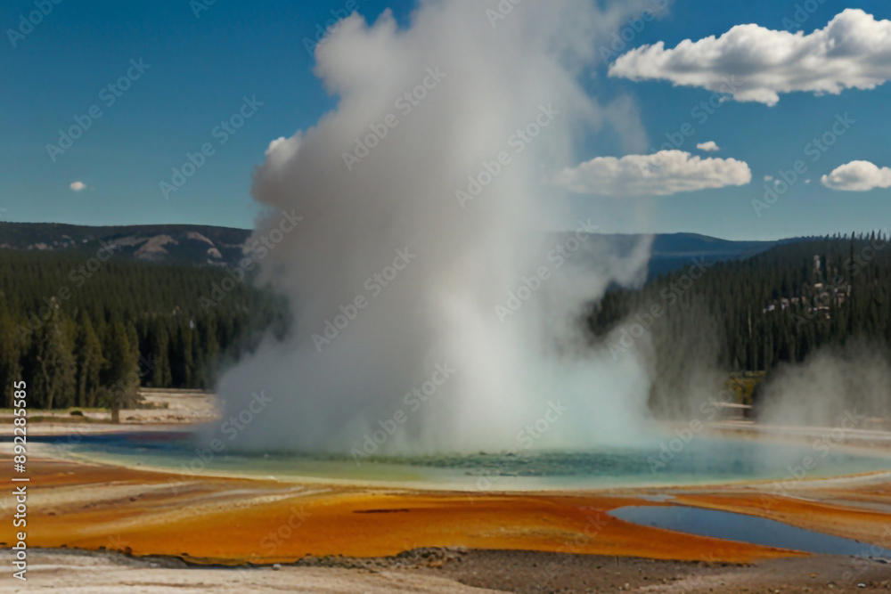 A geyser erupting in Yellowstone National Park with steam rising against the backdrop of natural beauty, showcasing the power and wonder of nature. A geyser erupting in Yellowstone National Park with steam rising against the backdrop of natural beauty, showcasing the power and wonder of nature.