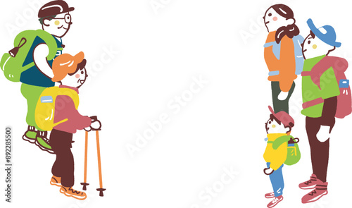 わくわく登山　登山のためふもとに集まった登山客たち　セットのストックイラスト素材	
