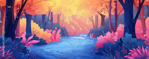 Enchanted forest with hidden pathways and animals Vector flat minimalistic isolated illustration