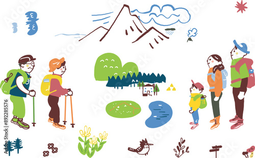 わくわく登山　登山のためふもとに集まった登山客たち　セットのストックイラスト素材	
