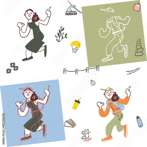 わくわく登山　日常生活の女性と登山支度した女性　セットのストックイラスト素材
