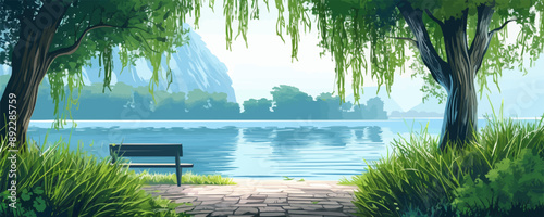 A tranquil riverside path with weeping willow trees and a bench overlooking the water. Vector flat minimalistic isolated illustration.