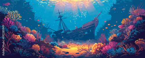 Underwater shipwreck surrounded by coral and marine life. Vector flat minimalistic isolated illustration.
