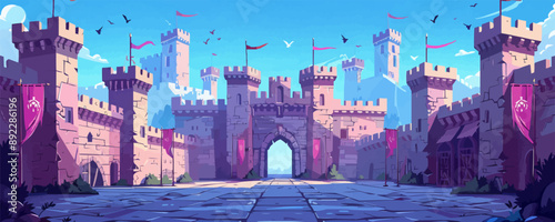 Medieval castle courtyard with a drawbridge and banners Vector flat minimalistic isolated illustration